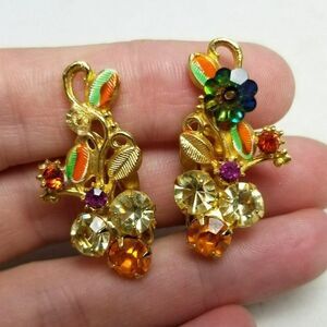Vintage Colorful Rhinestone Clip On Earrings, Gold Tone Enamel, Missing Stone